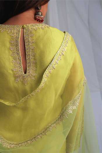 Kyra By Bhavna_Green Organza, Chanderi, Net Embroidery, Gota Patti Round Neck Kurta Sharara Set _Online_at_Aza_Fashions