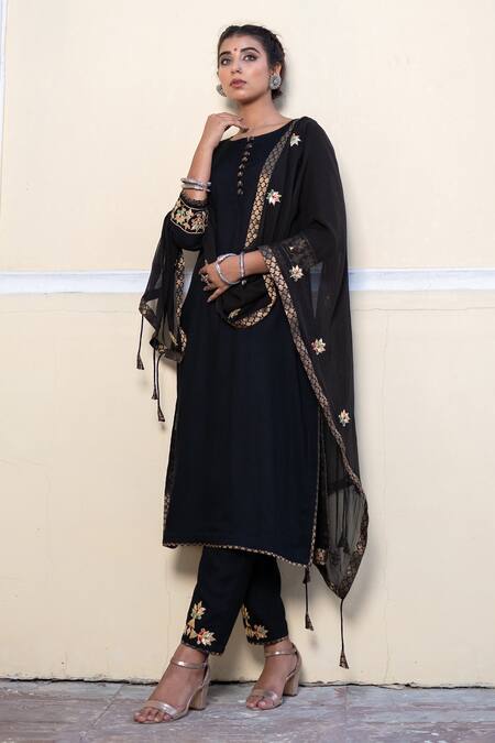 The Home Affair Black Cotton, Silk, Chiffon Embroidery, Gota Patti, Kurta Set With Dupatta Online at Aza Fashions The Home Affair_Black Cotton, Silk, Chiffon Embroidery, Gota Patti, Kurta Set With Dupatta _Online_at_Aza_Fashions