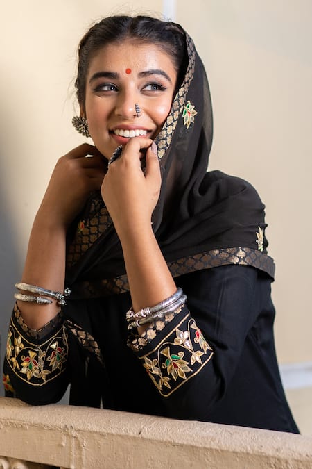 Shop The Home Affair Black Cotton, Silk, Chiffon Embroidery, Gota Patti, Kurta Set With Dupatta Online at Aza Fashions Shop_The Home Affair_Black Cotton, Silk, Chiffon Embroidery, Gota Patti, Kurta Set With Dupatta _Online_at_Aza_Fashions