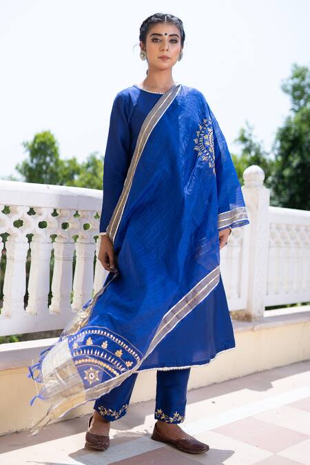 The Home Affair_Blue Cotton, Silk, Chanderi Gota A-line Kurta Set With Embroidered Dupatta _Online_at_Aza_Fashions