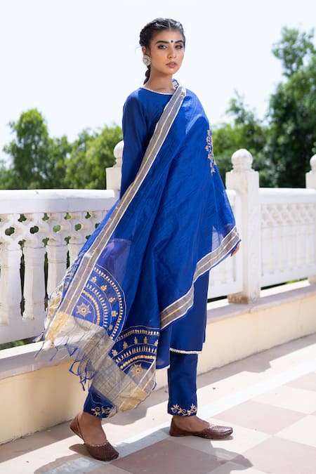 Buy_The Home Affair_Blue Cotton, Silk, Chanderi Gota A-line Kurta Set With Embroidered Dupatta _Online_at_Aza_Fashions