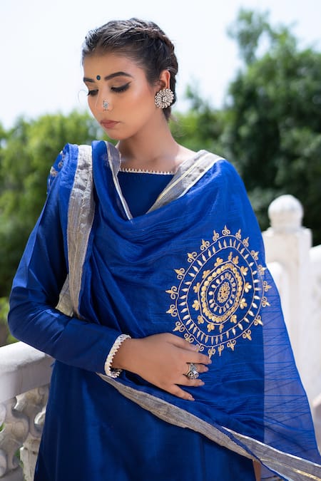 The Home Affair_Blue Cotton, Silk, Chanderi Gota A-line Kurta Set With Embroidered Dupatta _at_Aza_Fashions