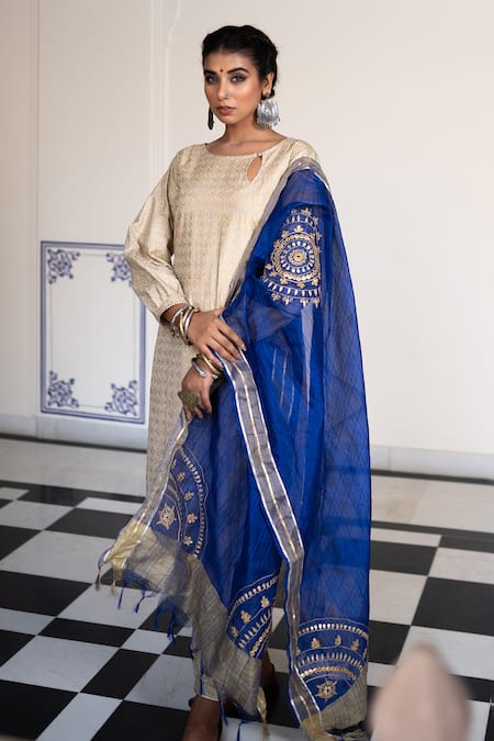 The Home Affair_Ivory Chanderi, Cotton Gota Patti, Tassels Printed Kurta Set With Dupatta _Online_at_Aza_Fashions