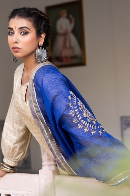 Shop_The Home Affair_Ivory Chanderi, Cotton Gota Patti, Tassels Printed Kurta Set With Dupatta _Online_at_Aza_Fashions