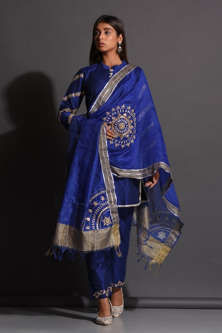 The Home Affair Blue Kurta Cotton Silk Embellished Gota Embroidered Set With Chanderi Dupatta 