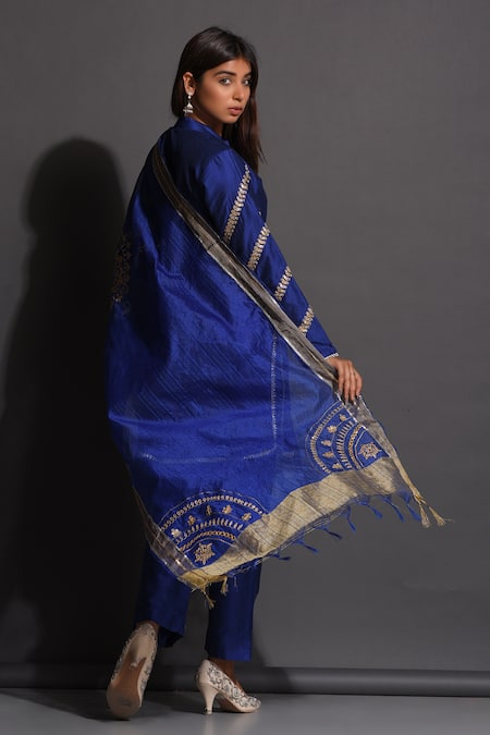 Shop The Home Affair Blue Cotton, Silk, Chanderi Gota Patti, Embroidered Kurta Set With Dupatta at Aza Fashions Shop_The Home Affair_Blue Cotton, Silk, Chanderi Gota Patti, Embroidered Kurta Set With Dupatta _at_Aza_Fashions