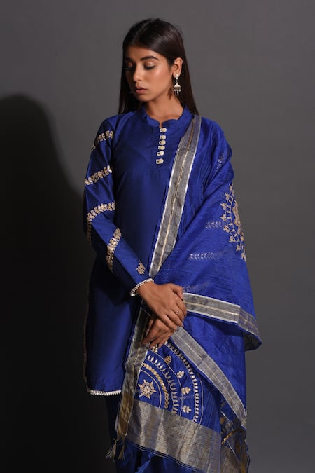 The Home Affair Blue Cotton, Silk, Chanderi Gota Patti, Embroidered Kurta Set With Dupatta Online at Aza Fashions The Home Affair_Blue Cotton, Silk, Chanderi Gota Patti, Embroidered Kurta Set With Dupatta _Online_at_Aza_Fashions