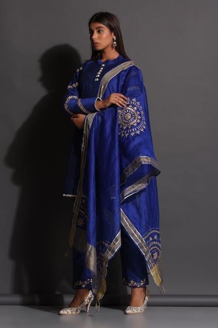 Buy The Home Affair Blue Cotton, Silk, Chanderi Gota Patti, Embroidered Kurta Set With Dupatta Online at Aza Fashions Buy_The Home Affair_Blue Cotton, Silk, Chanderi Gota Patti, Embroidered Kurta Set With Dupatta _Online_at_Aza_Fashions