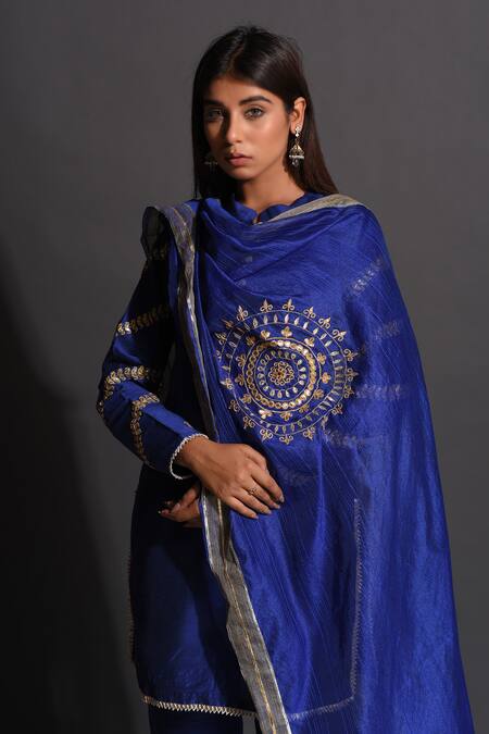 Shop The Home Affair Blue Cotton, Silk, Chanderi Gota Patti, Embroidered Kurta Set With Dupatta Online at Aza Fashions Shop_The Home Affair_Blue Cotton, Silk, Chanderi Gota Patti, Embroidered Kurta Set With Dupatta _Online_at_Aza_Fashions