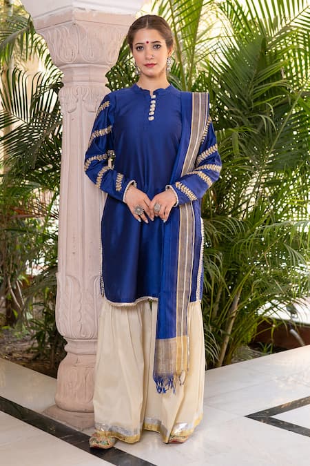The Home Affair Blue Cotton, Silk, Chanderi Gota Patti, Tassels Embroidered Kurta Gharara Set Online at Aza Fashions The Home Affair_Blue Cotton, Silk, Chanderi Gota Patti, Tassels Embroidered Kurta Gharara Set _Online_at_Aza_Fashions