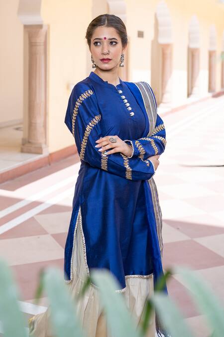 Buy The Home Affair Blue Cotton, Silk, Chanderi Gota Patti, Tassels Embroidered Kurta Gharara Set Online at Aza Fashions Buy_The Home Affair_Blue Cotton, Silk, Chanderi Gota Patti, Tassels Embroidered Kurta Gharara Set _Online_at_Aza_Fashions