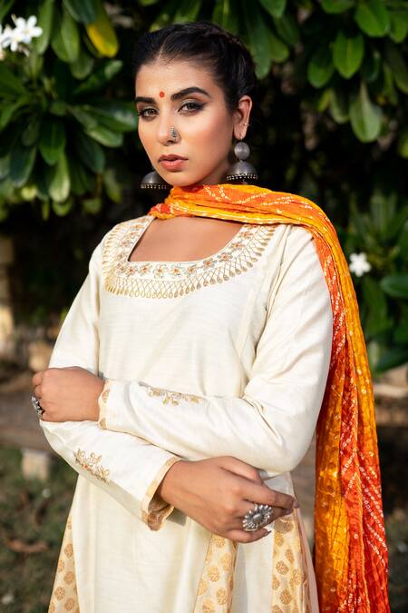 Buy The Home Affair Ivory Cotton, Silk, Crepe Embroidery, Gota Godet Panelled Anarkali Palazzo Set Online at Aza Fashions Buy_The Home Affair_Ivory Cotton, Silk, Crepe Embroidery, Gota Godet Panelled Anarkali Palazzo Set _Online_at_Aza_Fashions