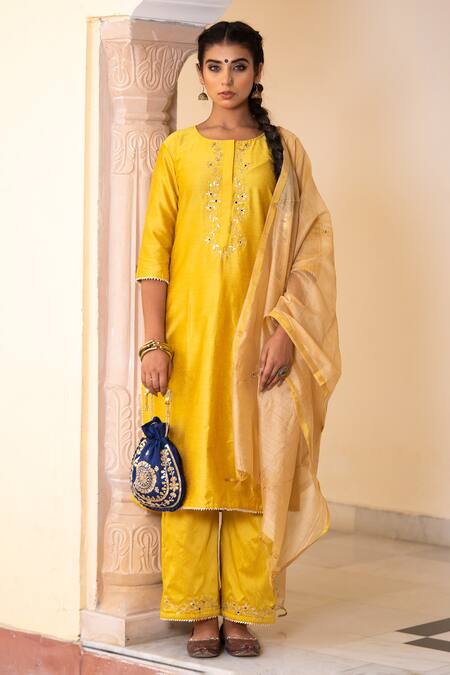 The Home Affair_Yellow Cotton, Silk, Chanderi Gota Patti, Embroidery, Yoke Kurta Pant Set _Online_at_Aza_Fashions