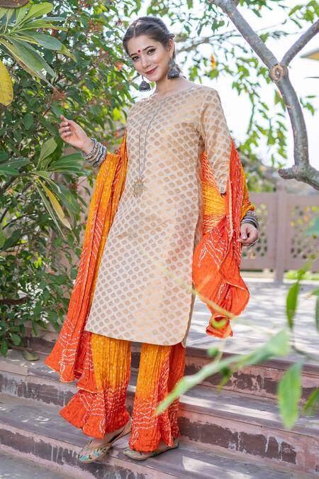 The Home Affair_Off White Silk, Cotton, Crepe Gota Banarasi Straight Kurta Bandhani Palazzo Set _Online_at_Aza_Fashions