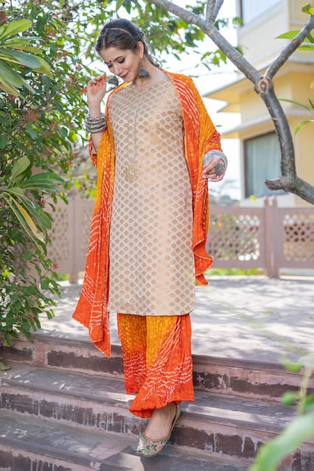 Buy_The Home Affair_Off White Silk, Cotton, Crepe Gota Banarasi Straight Kurta Bandhani Palazzo Set _Online_at_Aza_Fashions