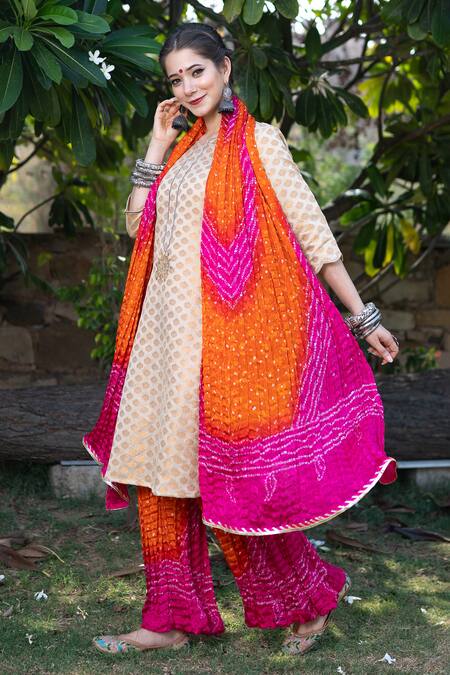 Buy_The Home Affair_Off White Cotton, Crepe, Silk Gota Floral Banarasi Kurta Bandhani Palazzo Set_Online_at_Aza_Fashions