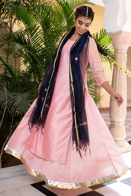 The Home Affair_Pink Cotton, Silk, Chanderi Gota Patti, Tassels Kurta Skirt Set With Dupatta _Online_at_Aza_Fashions