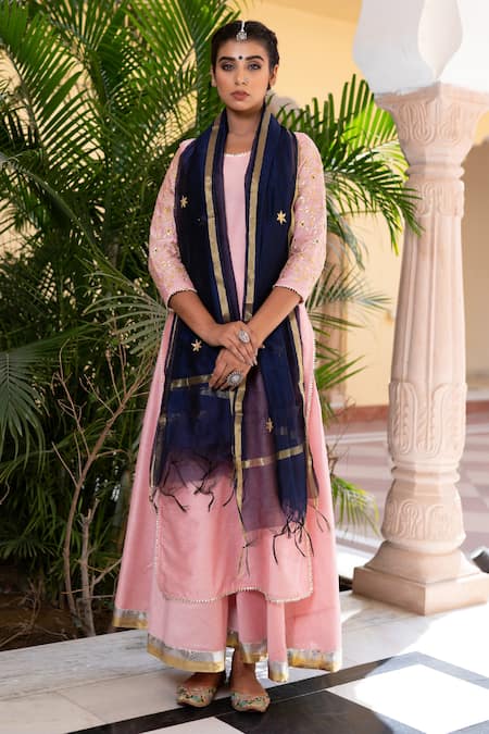 Buy_The Home Affair_Pink Cotton, Silk, Chanderi Gota Patti, Tassels Kurta Skirt Set With Dupatta _Online_at_Aza_Fashions