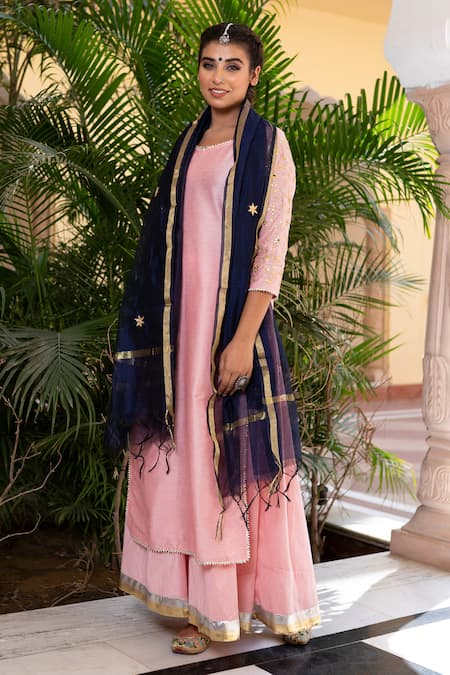 Shop_The Home Affair_Pink Cotton, Silk, Chanderi Gota Patti, Tassels Kurta Skirt Set With Dupatta _Online_at_Aza_Fashions