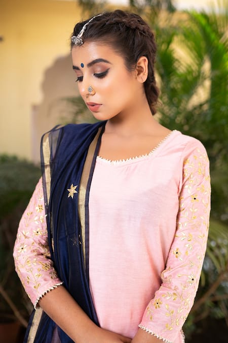 The Home Affair_Pink Cotton, Silk, Chanderi Gota Patti, Tassels Kurta Skirt Set With Dupatta _at_Aza_Fashions
