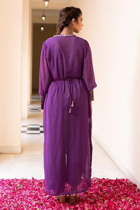 Shop The Home Affair Purple Chiffon, Cotton, Brocade Gota Patti, Floral Banarasi Pant Set With Jacket at Aza Fashions Shop_The Home Affair_Purple Chiffon, Cotton, Brocade Gota Patti, Floral Banarasi Pant Set With Jacket _at_Aza_Fashions