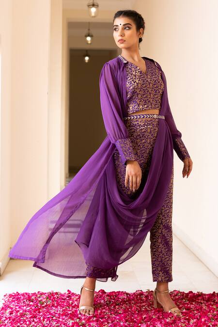 The Home Affair Purple Chiffon, Cotton, Brocade Gota Patti, Floral Banarasi Pant Set With Jacket Online at Aza Fashions The Home Affair_Purple Chiffon, Cotton, Brocade Gota Patti, Floral Banarasi Pant Set With Jacket _Online_at_Aza_Fashions
