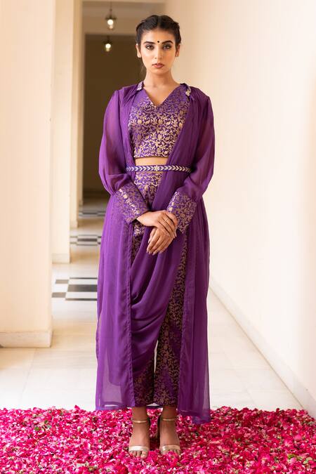 Buy The Home Affair Purple Chiffon, Cotton, Brocade Gota Patti, Floral Banarasi Pant Set With Jacket Online at Aza Fashions Buy_The Home Affair_Purple Chiffon, Cotton, Brocade Gota Patti, Floral Banarasi Pant Set With Jacket _Online_at_Aza_Fashions