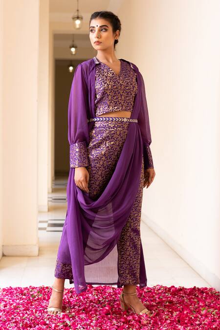Shop The Home Affair Purple Chiffon, Cotton, Brocade Gota Patti, Floral Banarasi Pant Set With Jacket Online at Aza Fashions Shop_The Home Affair_Purple Chiffon, Cotton, Brocade Gota Patti, Floral Banarasi Pant Set With Jacket _Online_at_Aza_Fashions