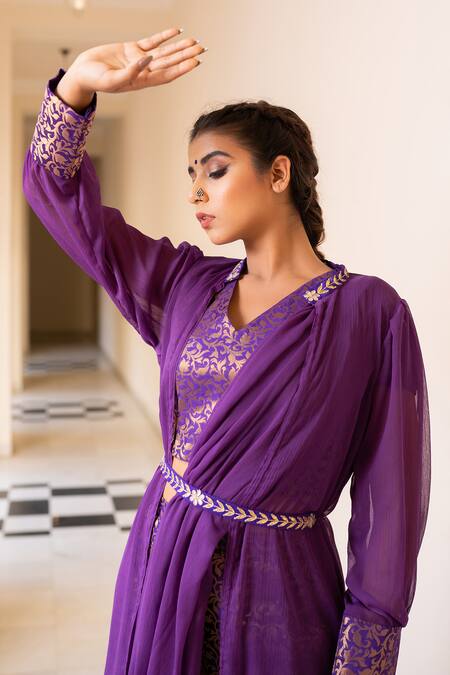 The Home Affair Purple Chiffon, Cotton, Brocade Gota Patti, Floral Banarasi Pant Set With Jacket at Aza Fashions The Home Affair_Purple Chiffon, Cotton, Brocade Gota Patti, Floral Banarasi Pant Set With Jacket _at_Aza_Fashions