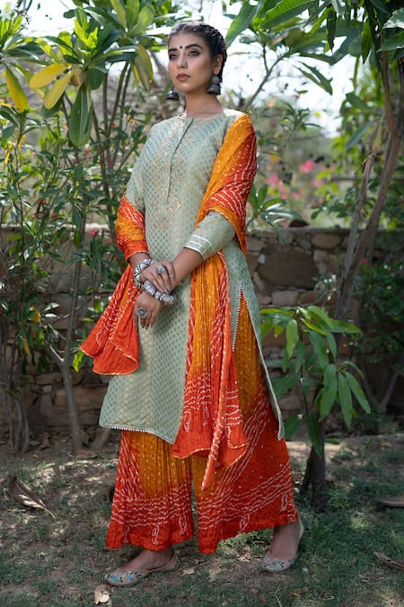 The Home Affair_Green Chanderi, Cotton, Crepe Gota Banarasi Woven Kurta Bandhani Palazzo Set _Online_at_Aza_Fashions
