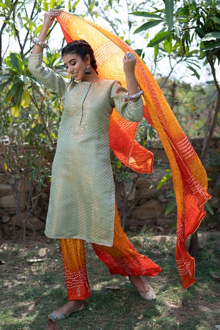 Buy_The Home Affair_Green Chanderi, Cotton, Crepe Gota Banarasi Woven Kurta Bandhani Palazzo Set _Online_at_Aza_Fashions