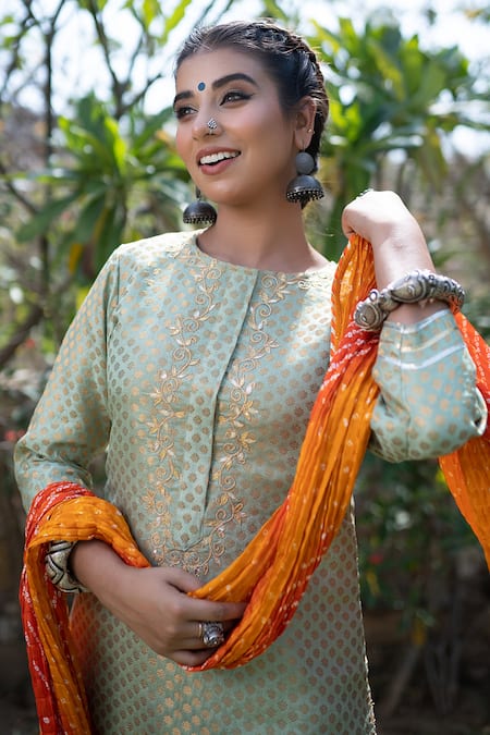 Shop_The Home Affair_Green Chanderi, Cotton, Crepe Gota Banarasi Woven Kurta Bandhani Palazzo Set _Online_at_Aza_Fashions