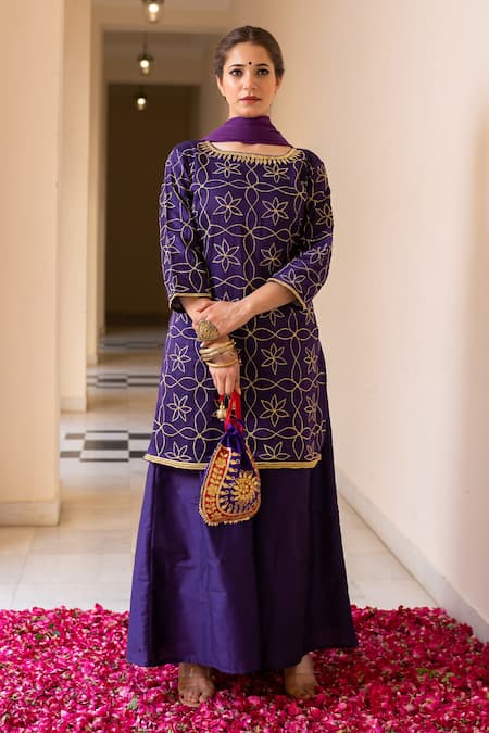 The Home Affair_Purple Cotton, Silk, Chiffon Embroidery, Gota Patti, Zari Boat Kurta Sharara Set _Online_at_Aza_Fashions