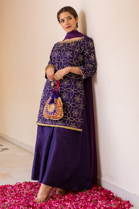 Buy_The Home Affair_Purple Cotton, Silk, Chiffon Embroidery, Gota Patti, Zari Boat Kurta Sharara Set _Online_at_Aza_Fashions