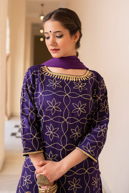 Shop_The Home Affair_Purple Cotton, Silk, Chiffon Embroidery, Gota Patti, Zari Boat Kurta Sharara Set _Online_at_Aza_Fashions