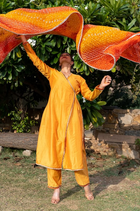 Buy_The Home Affair_Yellow Cotton, Silk, Crepe Gota Fiery Angarkha Set With Bandhej Pattern Dupatta_Online_at_Aza_Fashions