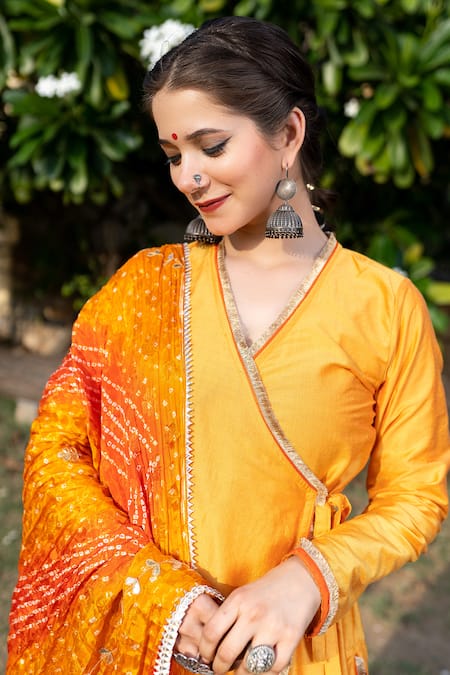 Shop_The Home Affair_Yellow Cotton, Silk, Crepe Gota Fiery Angarkha Set With Bandhej Pattern Dupatta_Online_at_Aza_Fashions