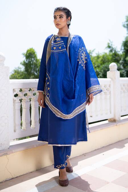 Shop_The Home Affair_Blue Cotton, Silk, Chanderi Gota A-line Kurta Set With Embroidered Dupatta _Online_at_Aza_Fashions