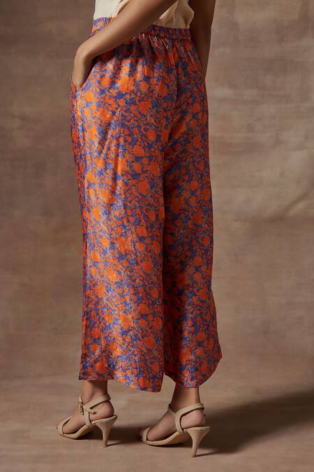 Buy Orange Raw Silk Print Floral Motif Orchid Pattern Culotte Pant