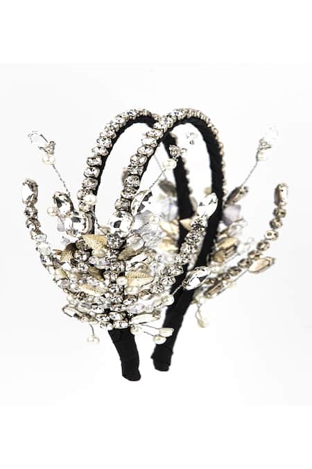 Shop Born Flash Silver Beads, Sequins, Crystals Gardenia Jewel Embellished Hairband at Aza Fashions Shop_Born Flash_Silver Beads, Sequins, Crystals Gardenia Jewel Embellished Hairband _at_Aza_Fashions