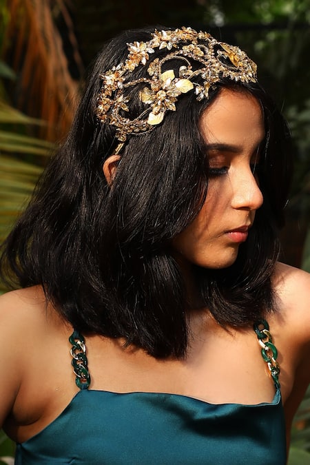 Shop Born Flash Gold Beads, Sequins, Crystals Monarch Jewelled Floral Hairband at Aza Fashions Shop_Born Flash_Gold Beads, Sequins, Crystals Monarch Jewelled Floral Hairband _at_Aza_Fashions