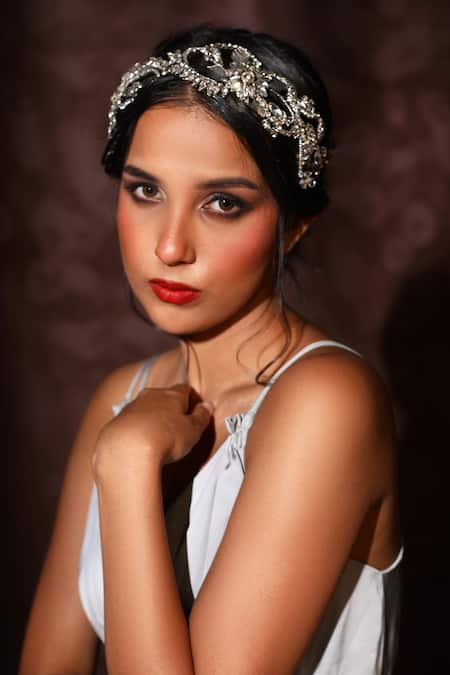 Shop Born Flash Silver Beads, Crystals, Sequins Monarch Absolute Floral Jewel Hairband at Aza Fashions Shop_Born Flash_Silver Beads, Crystals, Sequins Monarch Absolute Floral Jewel Hairband _at_Aza_Fashions