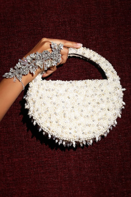 Shop Born Flash White Pearls, Crystals Invasion Handbag at Aza Fashions Shop_Born Flash_White Pearls, Crystals Invasion Handbag _at_Aza_Fashions