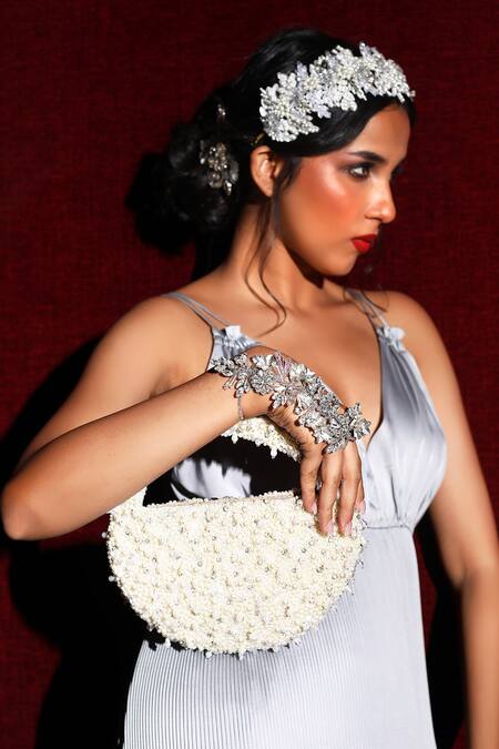 Born Flash White Pearls, Crystals Invasion Handbag at Aza Fashions Born Flash_White Pearls, Crystals Invasion Handbag _at_Aza_Fashions
