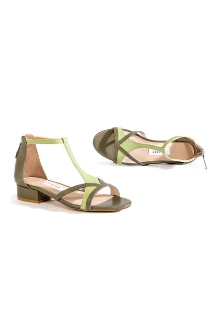 Oceedee_Green Matte Interwoven T Strap Heels_Online_at_Aza_Fashions