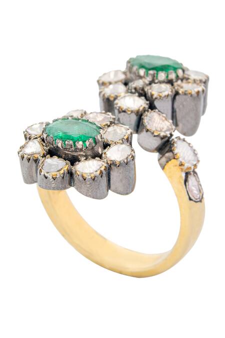 The Alchemy Studio_Silver Plated Diamonds, Stones Adella Emerald Two Flower Uncut Ring _Online_at_Aza_Fashions