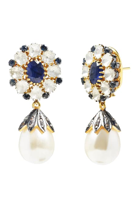 The Alchemy Studio Silver Plated Diamonds, Smocking, Tas Signature Sapphire Flower Uncut Earrings Online at Aza Fashions The Alchemy Studio_Silver Plated Diamonds, Smocking, Tas Signature Sapphire Flower Uncut Earrings_Online_at_Aza_Fashions