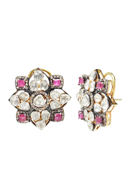 The Alchemy Studio_Silver Plated Diamonds, Rhinestones, Stones Uncut And Ruby Flower Studs_Online_at_Aza_Fashions