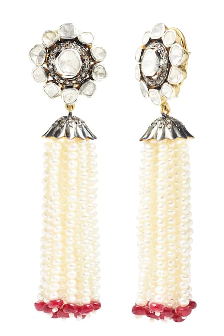 The Alchemy Studio_Silver Plated Diamonds, Pearls, Rhinestones Uncut Flower Fringe Earrings_Online_at_Aza_Fashions