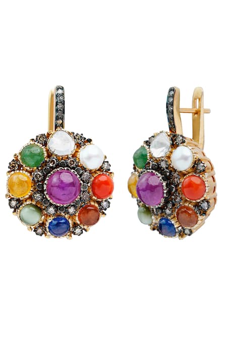 The Alchemy Studio_Multi Color Diamonds, Stones Vintage Navratan Uncut Dangling Earrings_Online_at_Aza_Fashions